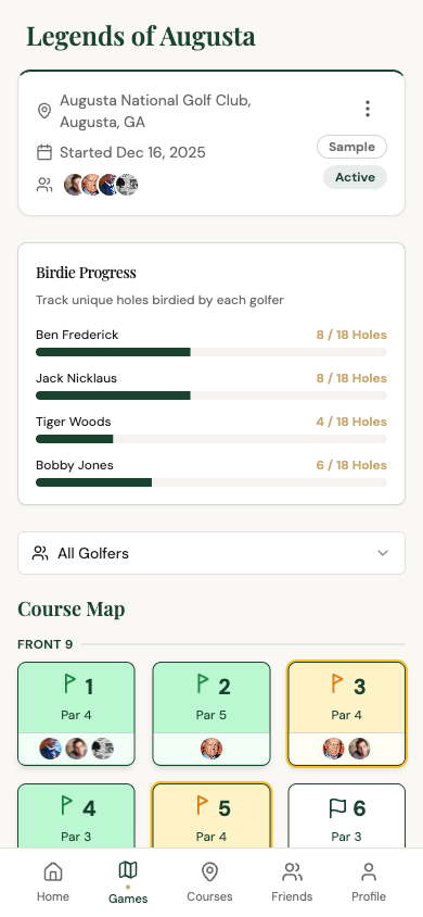 The Birdie Game app showing birdie progress