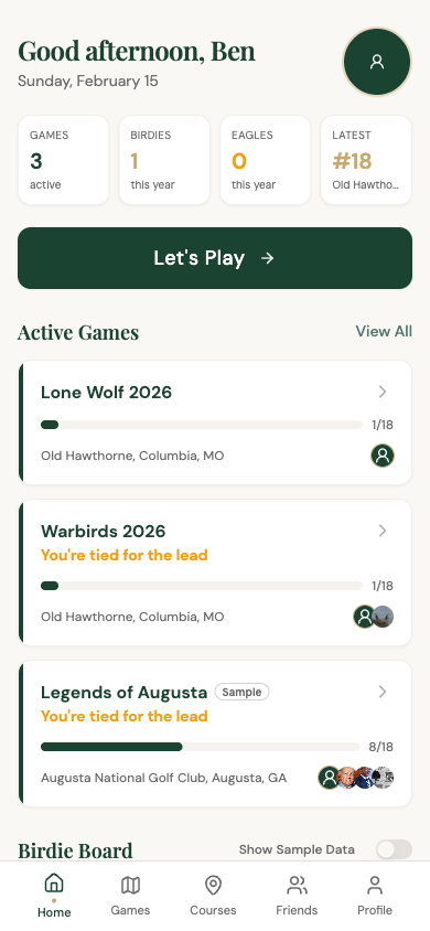 Birdie Game home screen